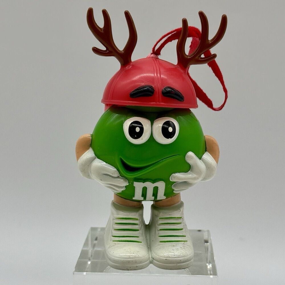 M&M's Mini Character Christmas Theme Green‎ With Red Hat With Antlers 4"